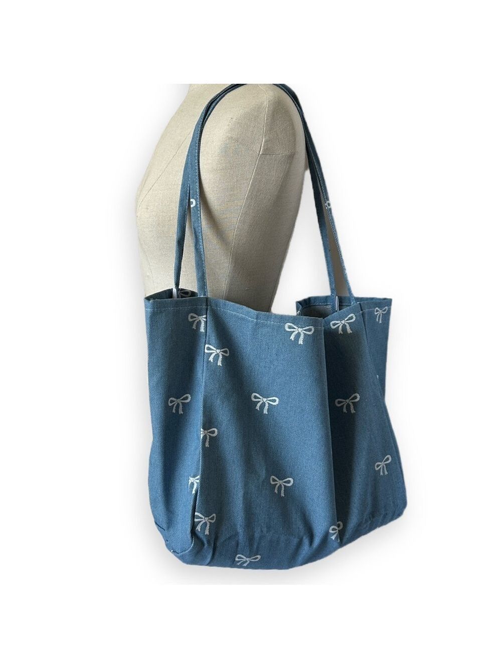DENIM LARGE BOW TOTE | NEW Denim Blue & White Bow Tote Bag - Picture 2 of 7
